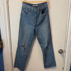 Levi's Blue Straight Leg Jeans with Distressed Details